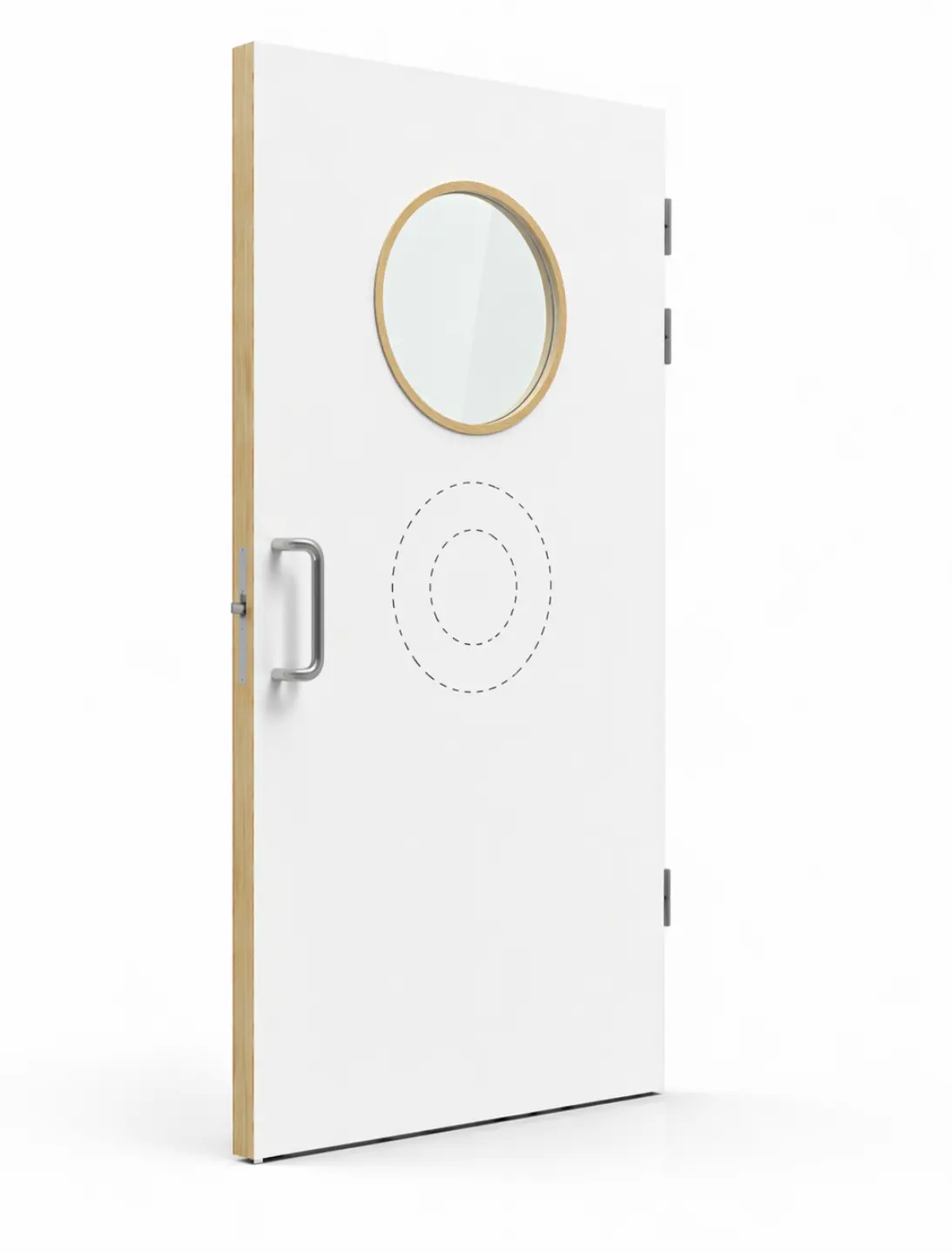 Dörr typ 25 från VISITEK. Streckade cirklar i bilden illustrerar storleken på glas för typ 27 respektive 28.