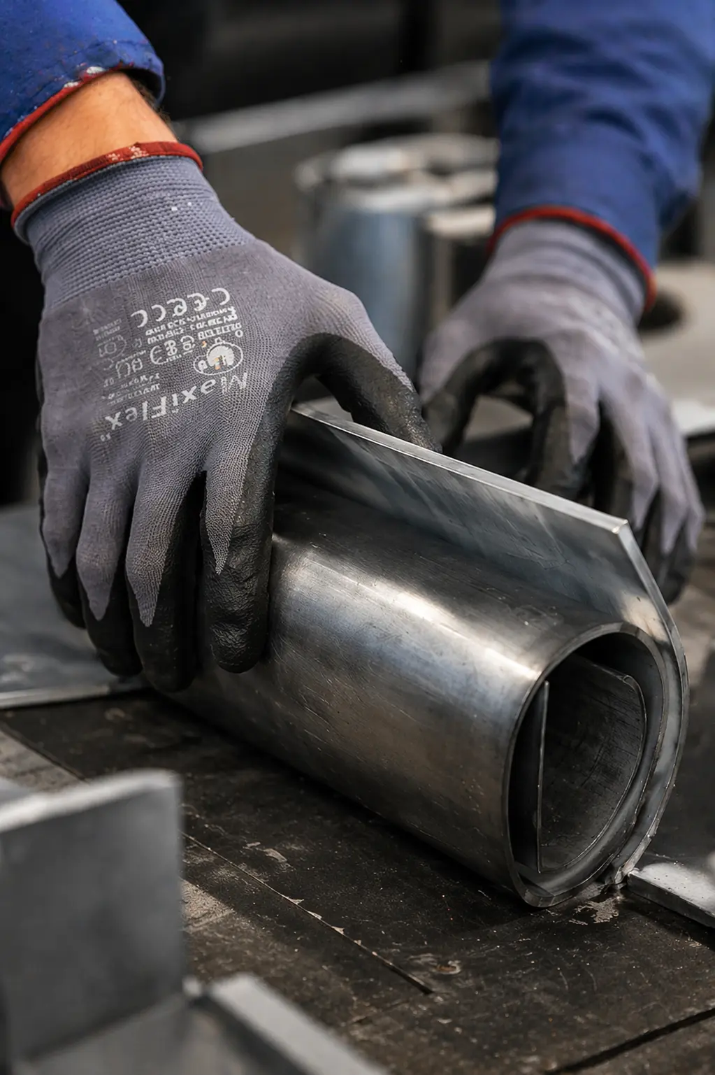 Hantering av blymaterial i produktion – närbild av strålskyddsmaterial och säker materialbearbetning.