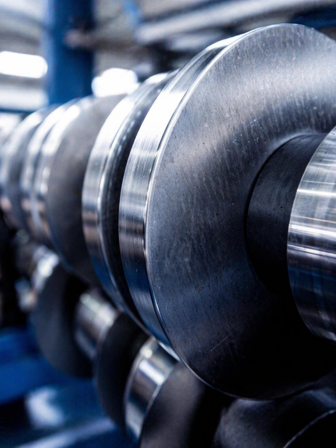 Industriell produktion med metallvalsar som bearbetar material – exempel på energieffektiv tillverkning och resurshantering.